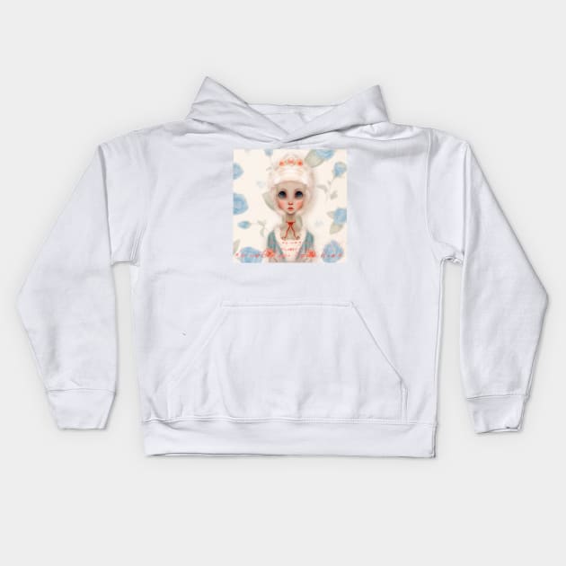 Run As Mad As You Choose Marie Antoinette Portrait With Red Silk Bow Silver Hair Updo With Light Pink Baby Rose Crown And A Light Blue Rose BackGround Done In Anime Style Kids Hoodie by penandbea